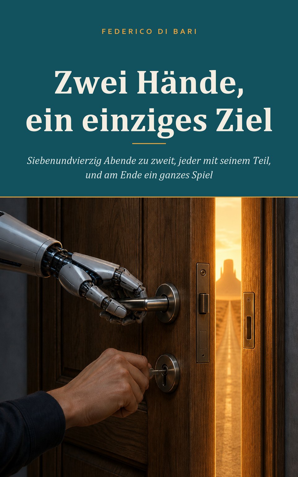 Umschlag von «Zwei Hände, ein einziges Ziel»: eine menschliche Hand dreht den
              Schlüssel im Schloss einer angelehnten Tür, während ein Roboterarm die
              Klinke hält.