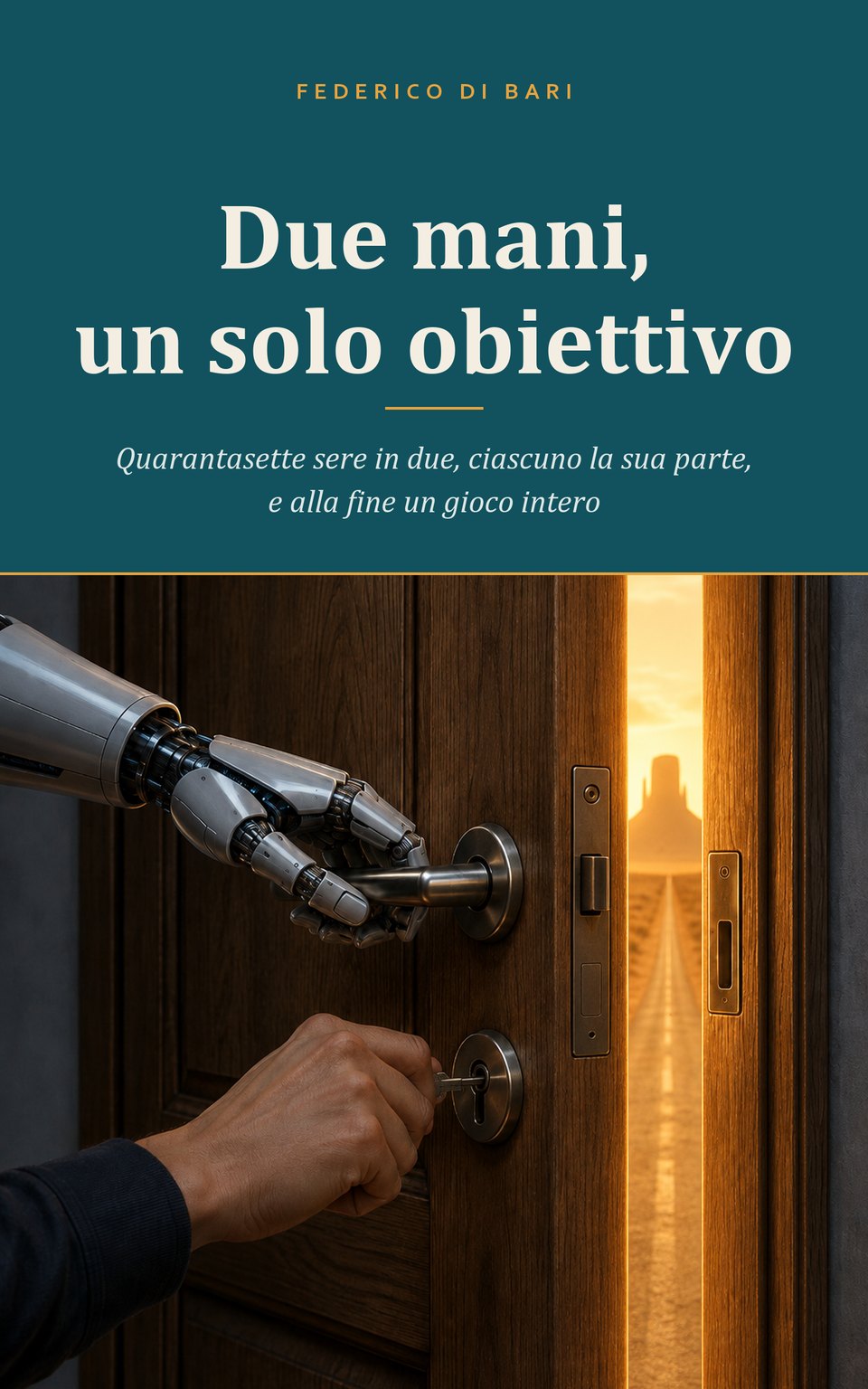 Copertina di «Due mani, un solo obiettivo»: una mano umana gira la chiave nella toppa
              di una porta socchiusa mentre un braccio robotico ne stringe la maniglia.